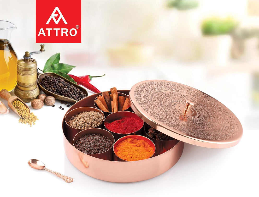 Attro Designer Carving Finish Spice Box with Spoon | 7 Detachable Containers