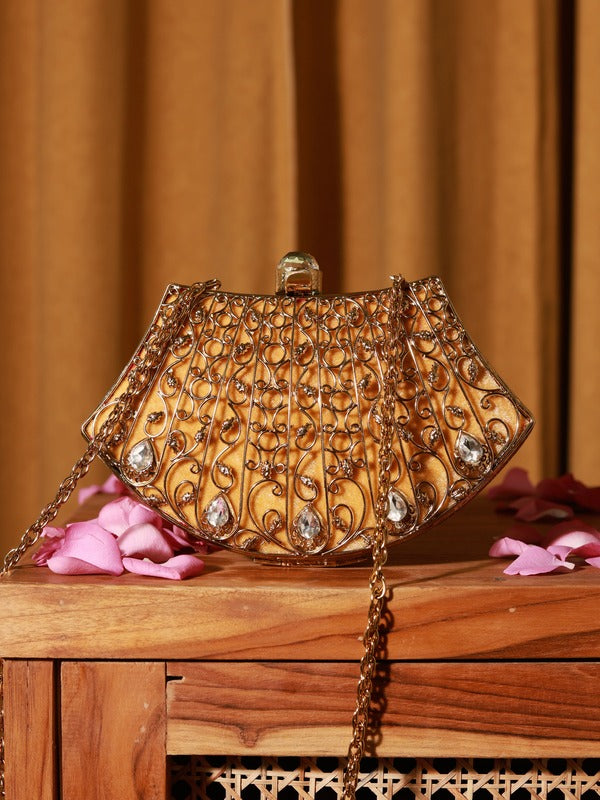 Nitya Intricate Embellished Brass Clutch | Timeless Beauty Evening Bag