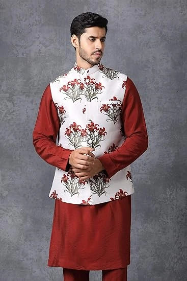 Red Kurta Pajama with White Satin Jacket | Traditional Ethnic Outfit