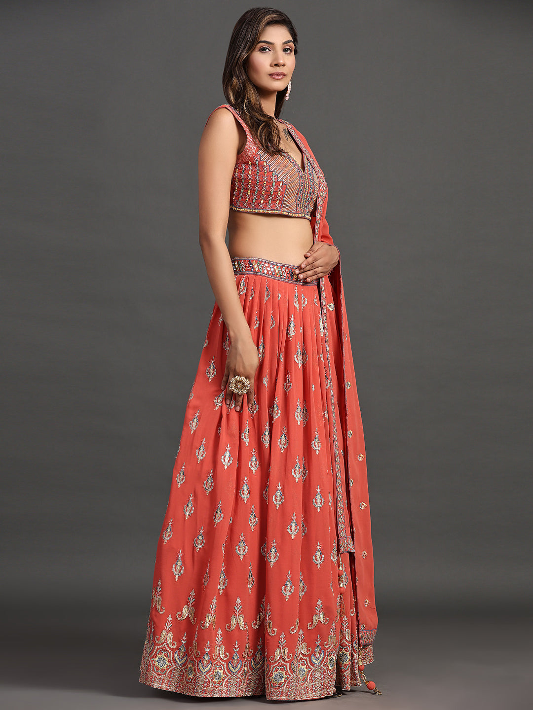 Designer Partywear Lehenga Choli | Elegant Georgette Multi-Embroidery