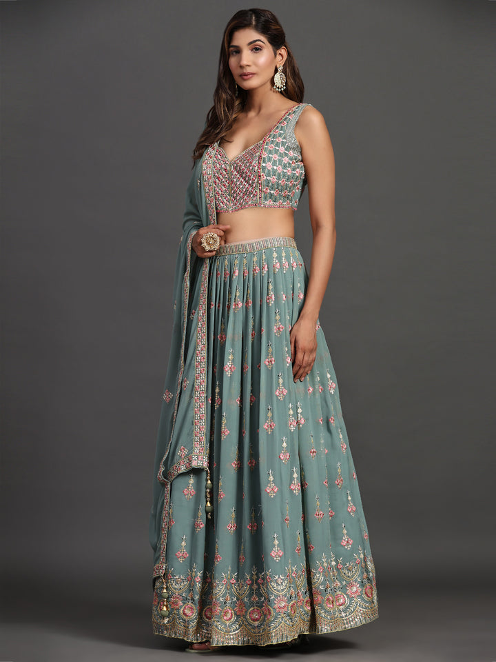 Designer Partywear Lehenga Choli | Elegant Georgette Multi-Embroidery