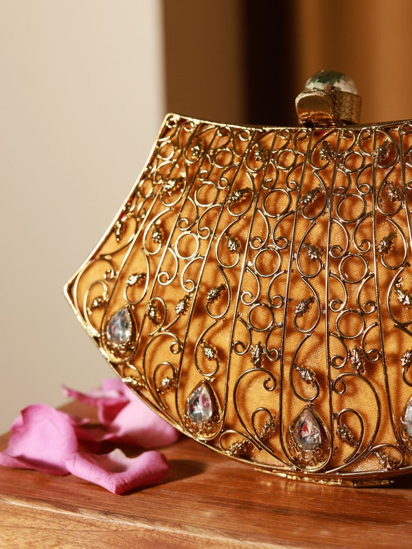 Nitya Intricate Embellished Brass Clutch | Timeless Beauty Evening Bag