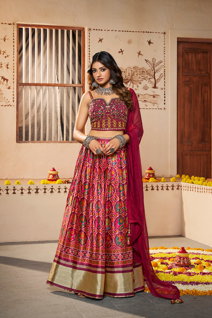 Maroon Silk Semi-Stitched Lehenga | Printed Lehenga with Georgette Dupatta