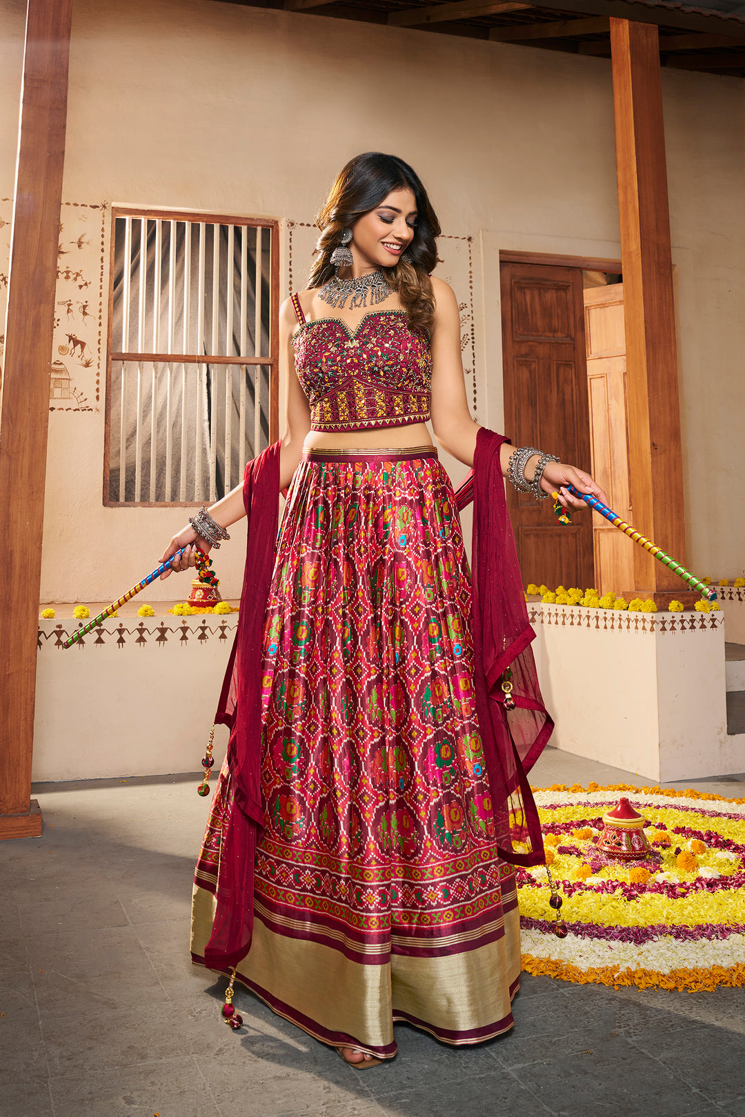 Maroon Silk Semi-Stitched Lehenga | Printed Lehenga with Georgette Dupatta