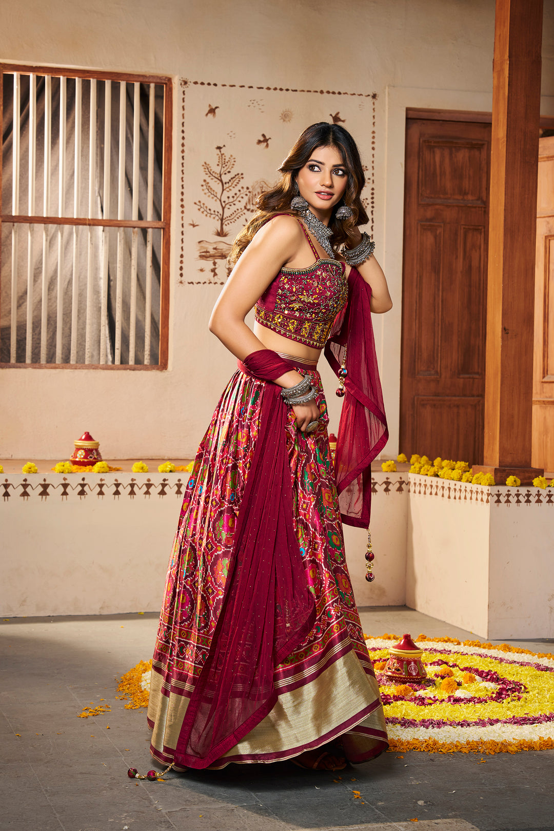 Maroon Silk Semi-Stitched Lehenga | Printed Lehenga with Georgette Dupatta