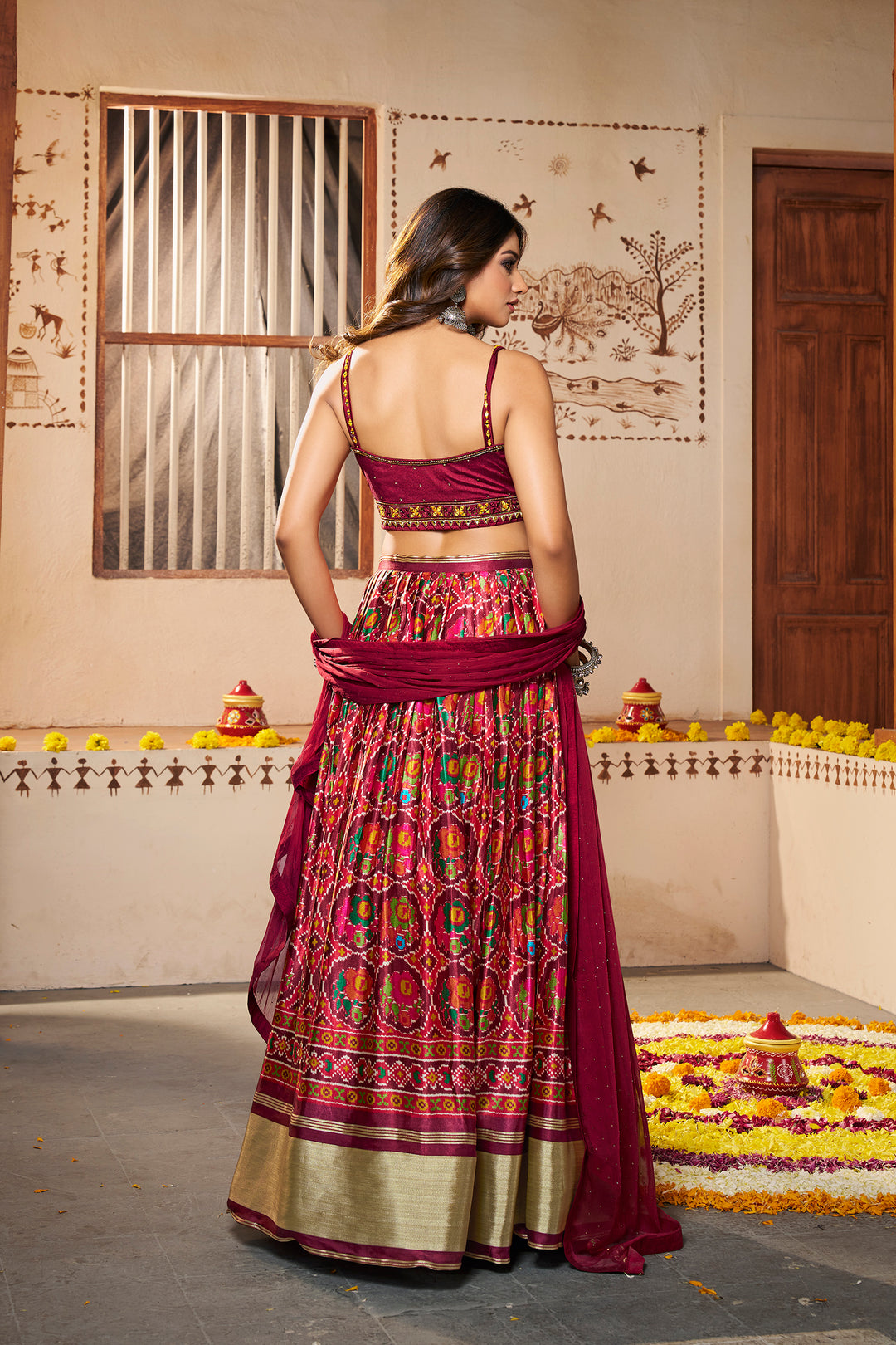 Maroon Silk Semi-Stitched Lehenga | Printed Lehenga with Georgette Dupatta