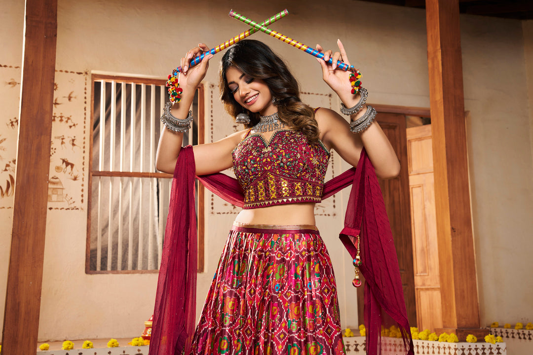 Maroon Silk Semi-Stitched Lehenga | Printed Lehenga with Georgette Dupatta