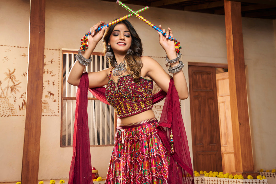 Maroon Silk Semi-Stitched Lehenga | Printed Lehenga with Georgette Dupatta