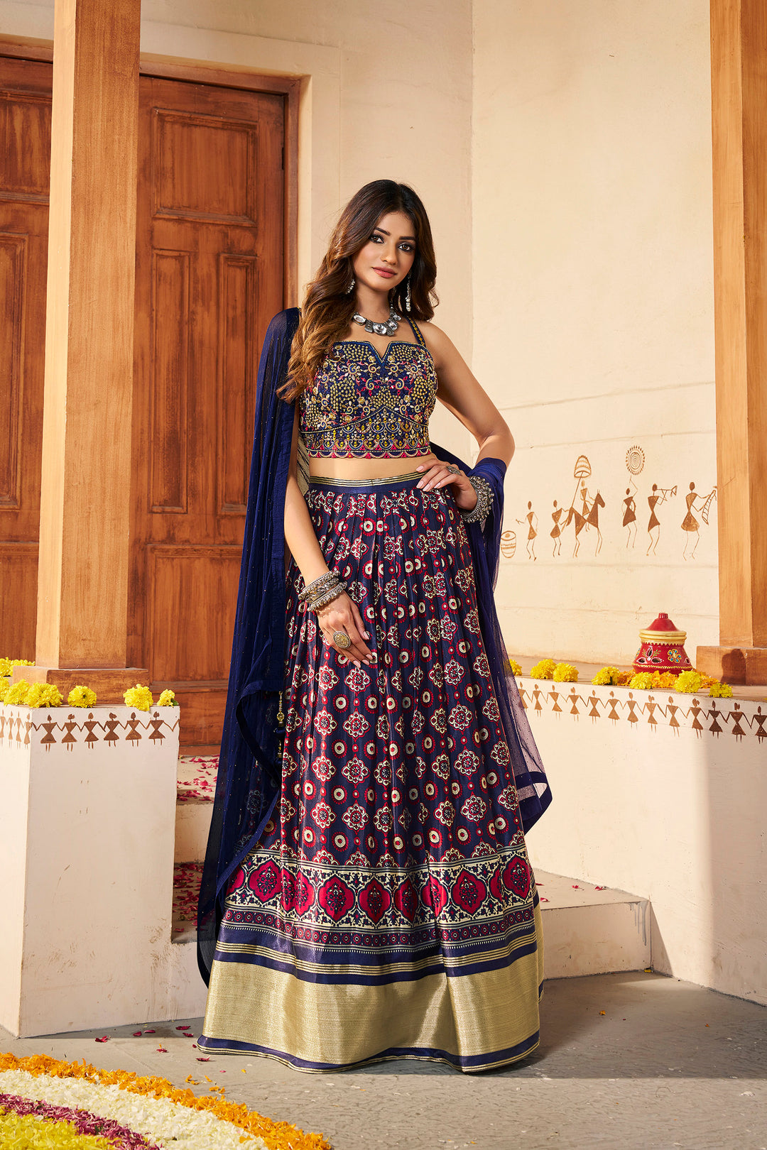 Navy Blue Silk Semi-Stitched Lehenga | Elegant Printed Lehenga with Dupatta