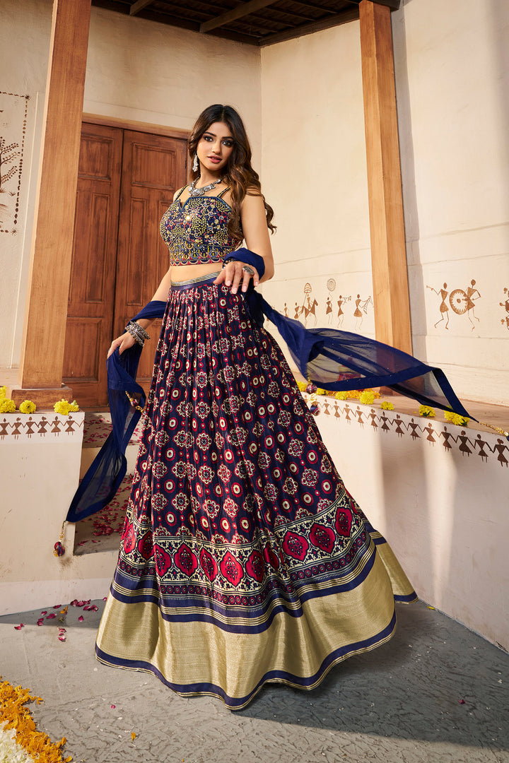 Navy Blue Silk Semi-Stitched Lehenga | Elegant Printed Lehenga with Dupatta