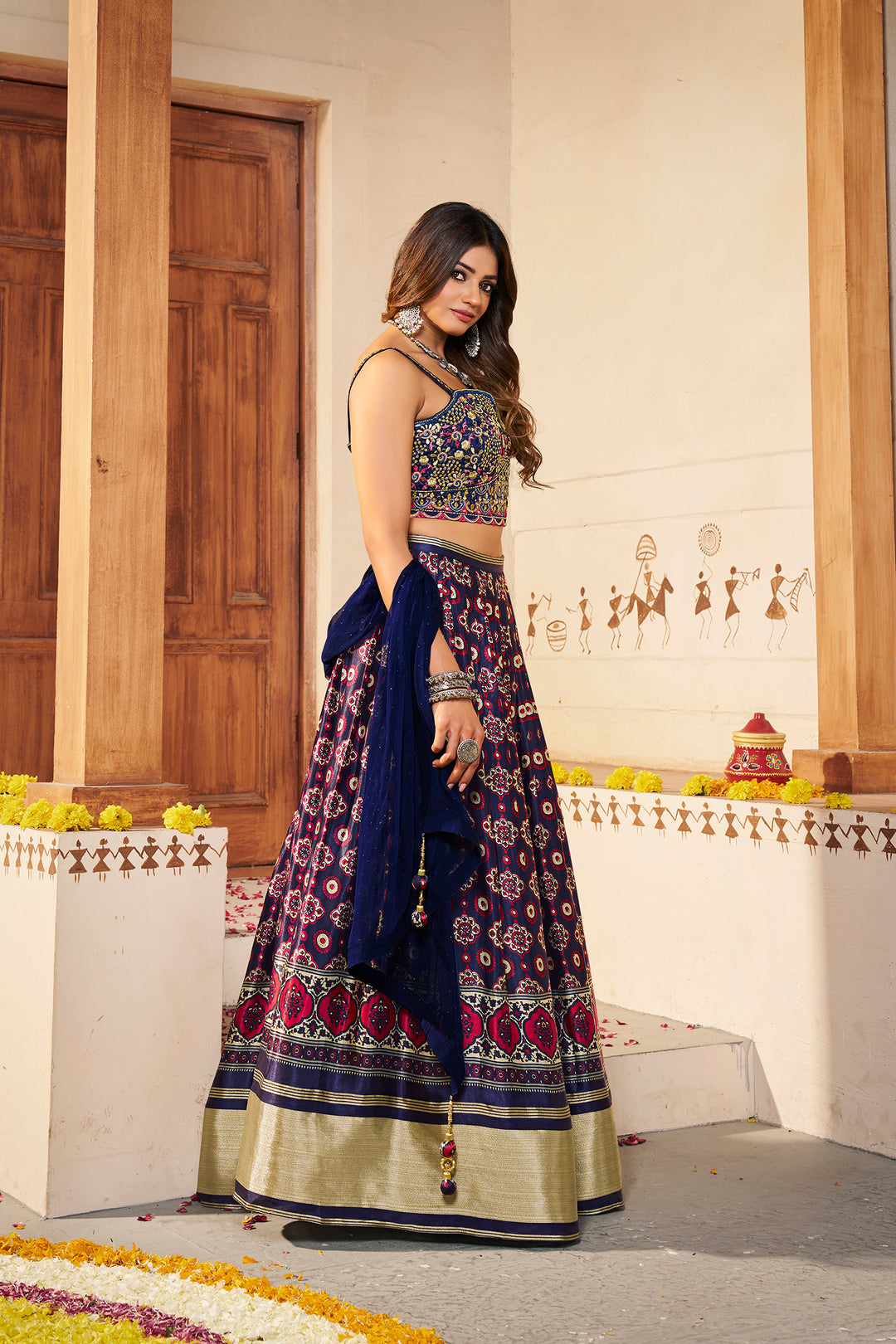 Navy Blue Silk Semi-Stitched Lehenga | Elegant Printed Lehenga with Dupatta