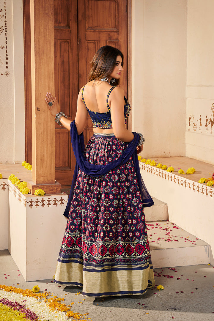 Navy Blue Silk Semi-Stitched Lehenga | Elegant Printed Lehenga with Dupatta