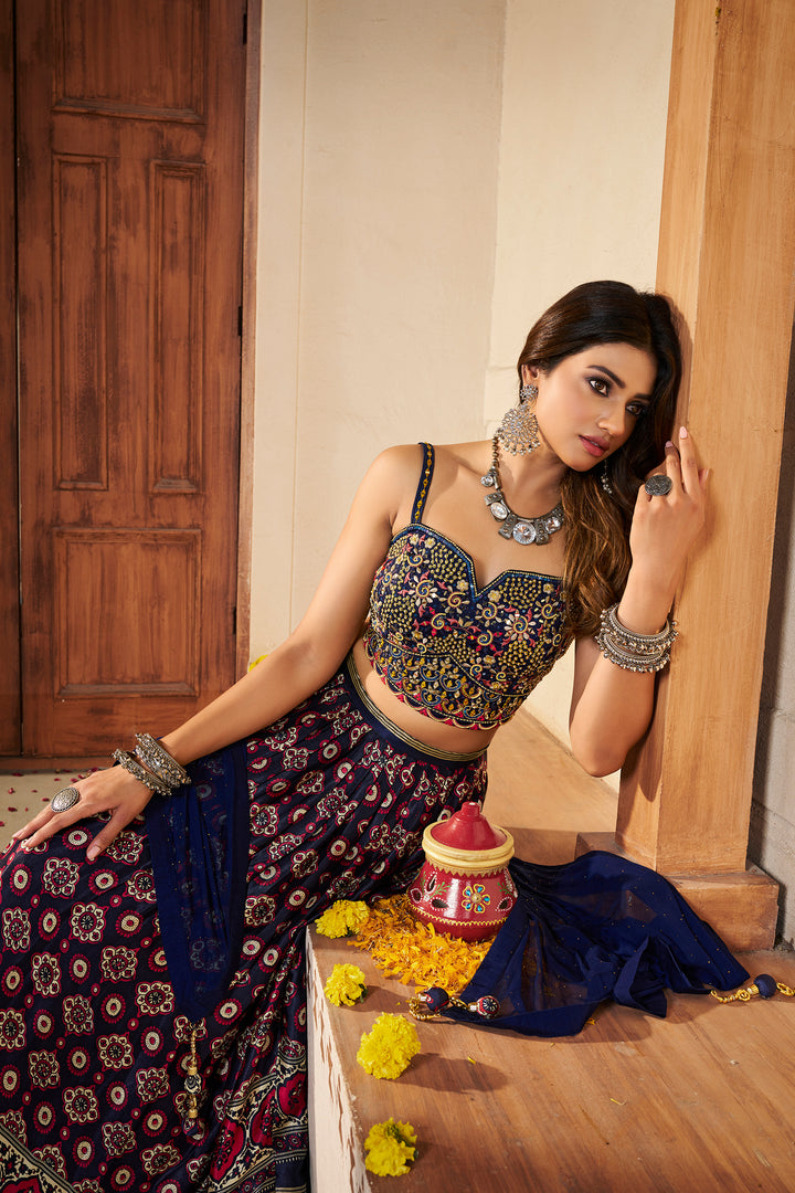 Navy Blue Silk Semi-Stitched Lehenga | Elegant Printed Lehenga with Dupatta