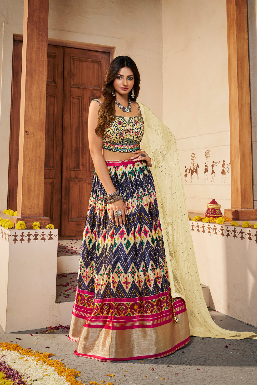 Elegant Light Yellow Lehenga Choli | Silk Semi-Stitched with Dupatta