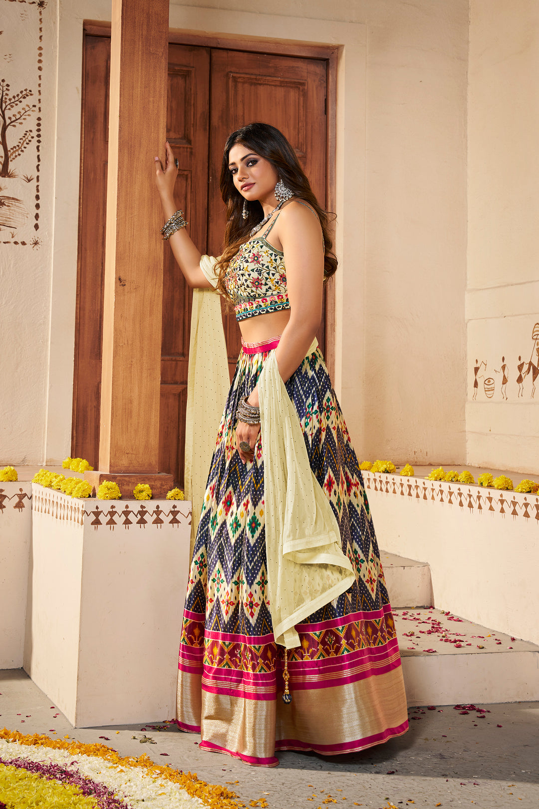 Elegant Light Yellow Lehenga Choli | Silk Semi-Stitched with Dupatta