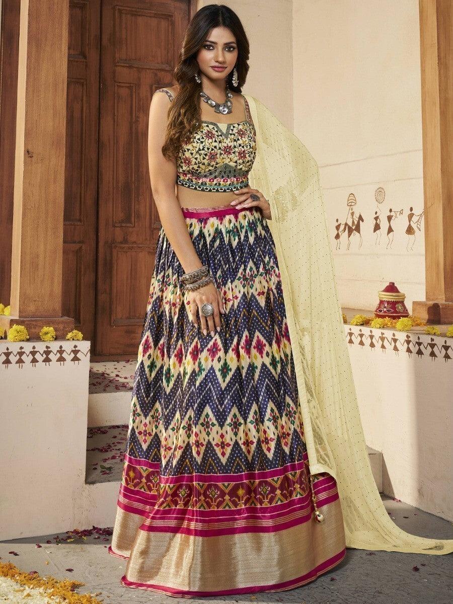 Navy Blue Silk Lehenga Choli Set | Patola Print & Mirror Work