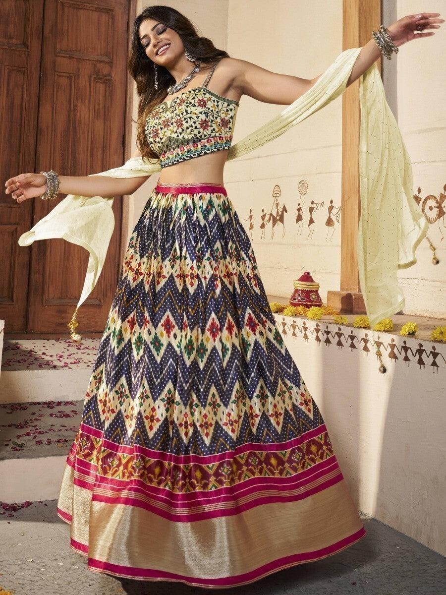 Navy Blue Silk Lehenga Choli Set | Patola Print & Mirror Work