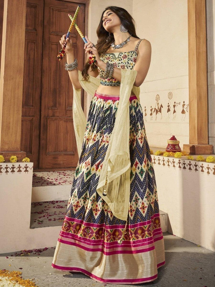 Navy Blue Silk Lehenga Choli Set | Patola Print & Mirror Work