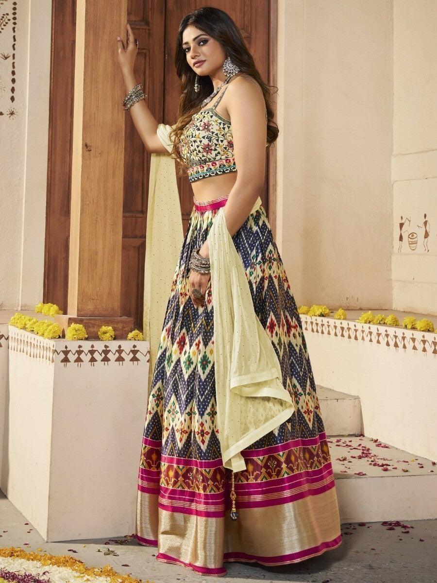 Navy Blue Silk Lehenga Choli Set | Patola Print & Mirror Work