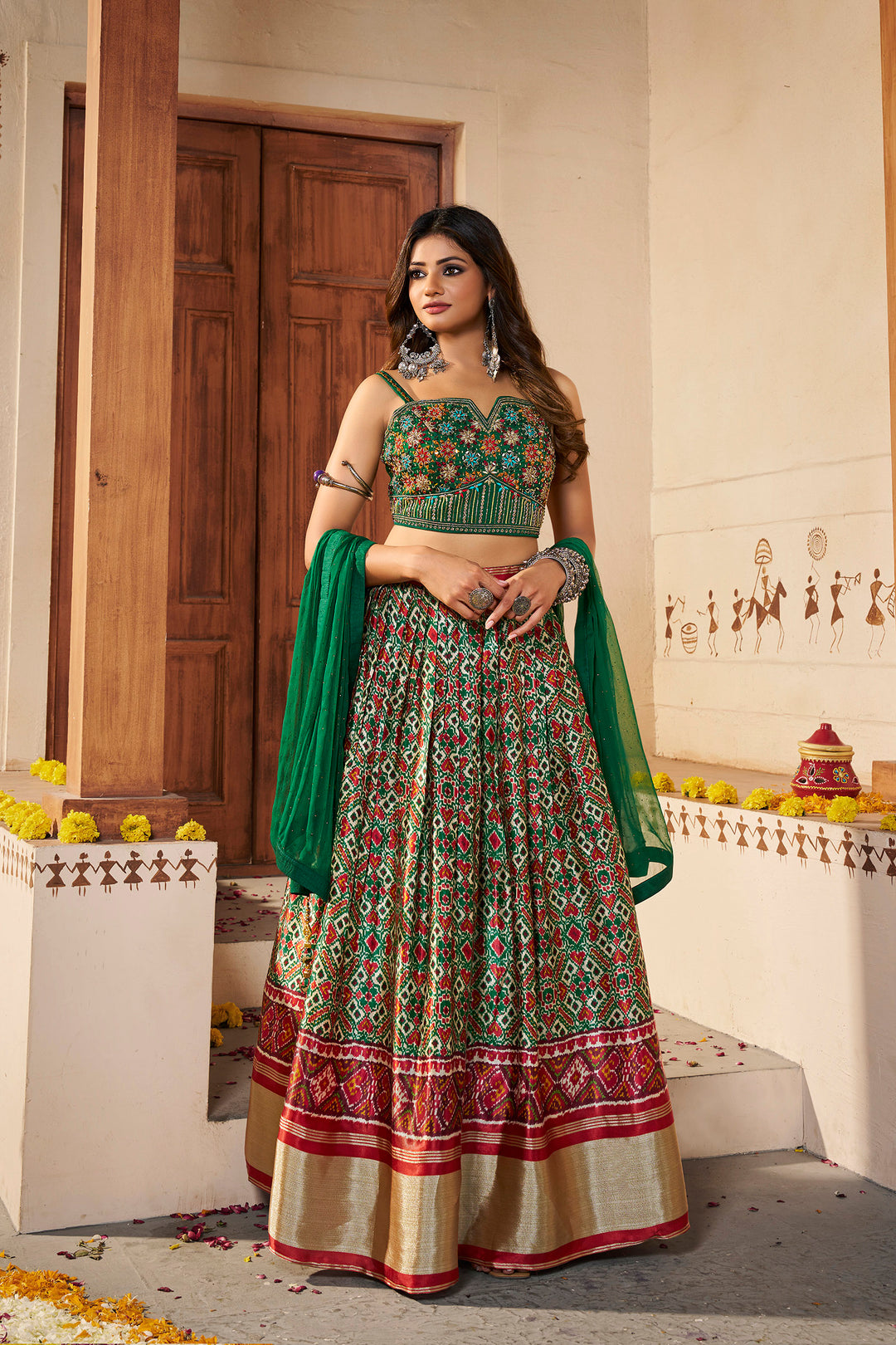 Green Silk Semi-Stitched Lehenga | Printed Lehenga Choli with Dupatta