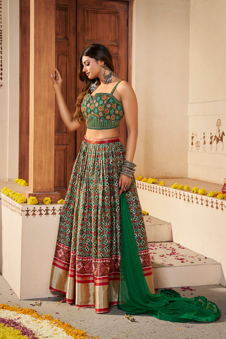 Green Silk Semi-Stitched Lehenga | Printed Lehenga Choli with Dupatta