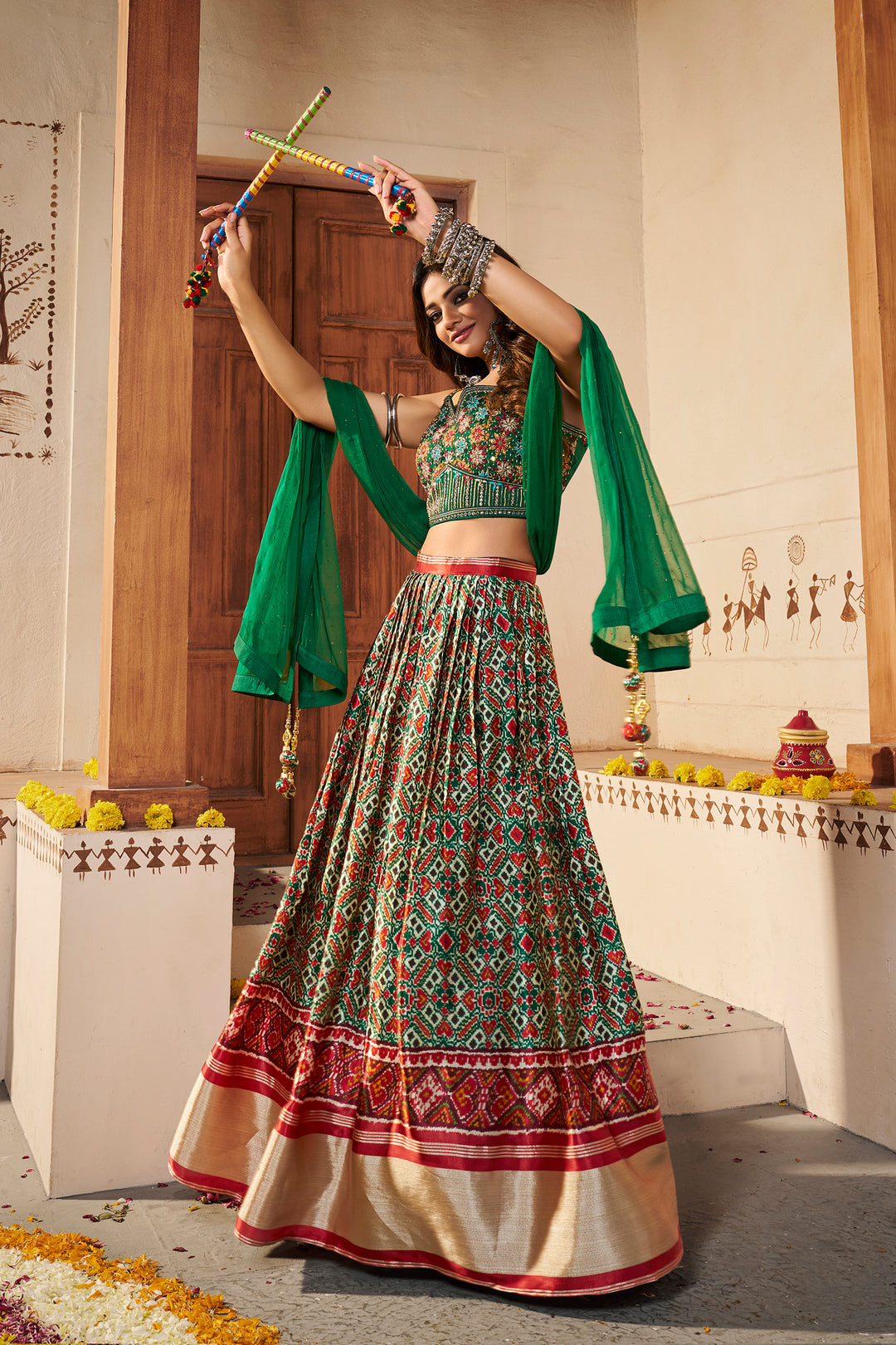 Green Silk Semi-Stitched Lehenga | Printed Lehenga Choli with Dupatta