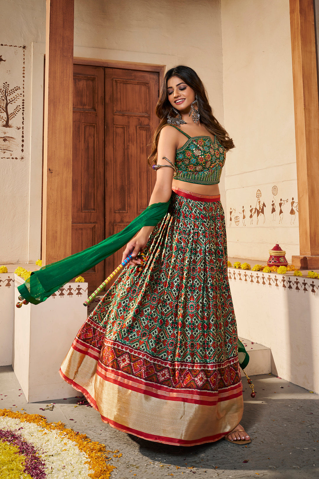 Green Silk Semi-Stitched Lehenga | Printed Lehenga Choli with Dupatta