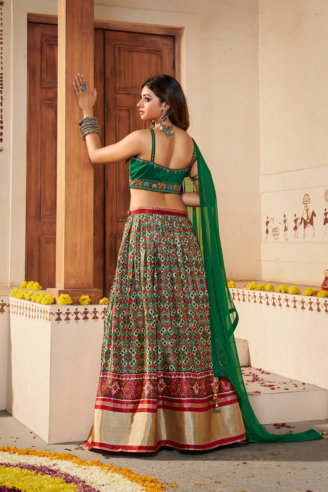 Green Silk Semi-Stitched Lehenga | Printed Lehenga Choli with Dupatta