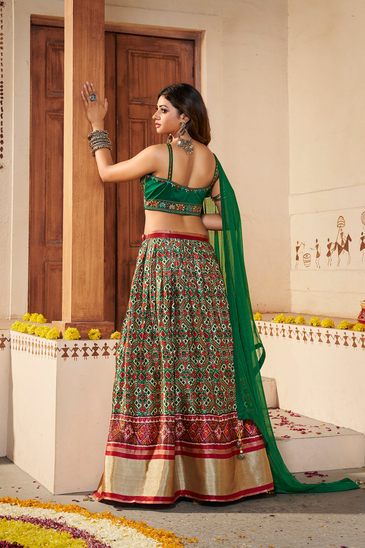 Green Silk Semi-Stitched Lehenga | Printed Lehenga Choli with Dupatta