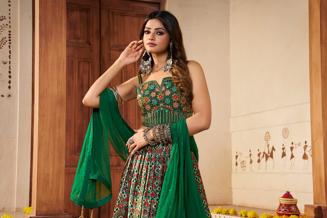 Green Silk Semi-Stitched Lehenga | Printed Lehenga Choli with Dupatta