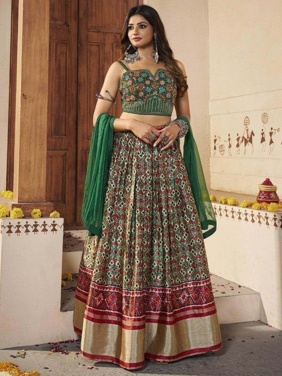 Green Patola Silk Lehenga | Embroidered Choli for Weddings & Receptions