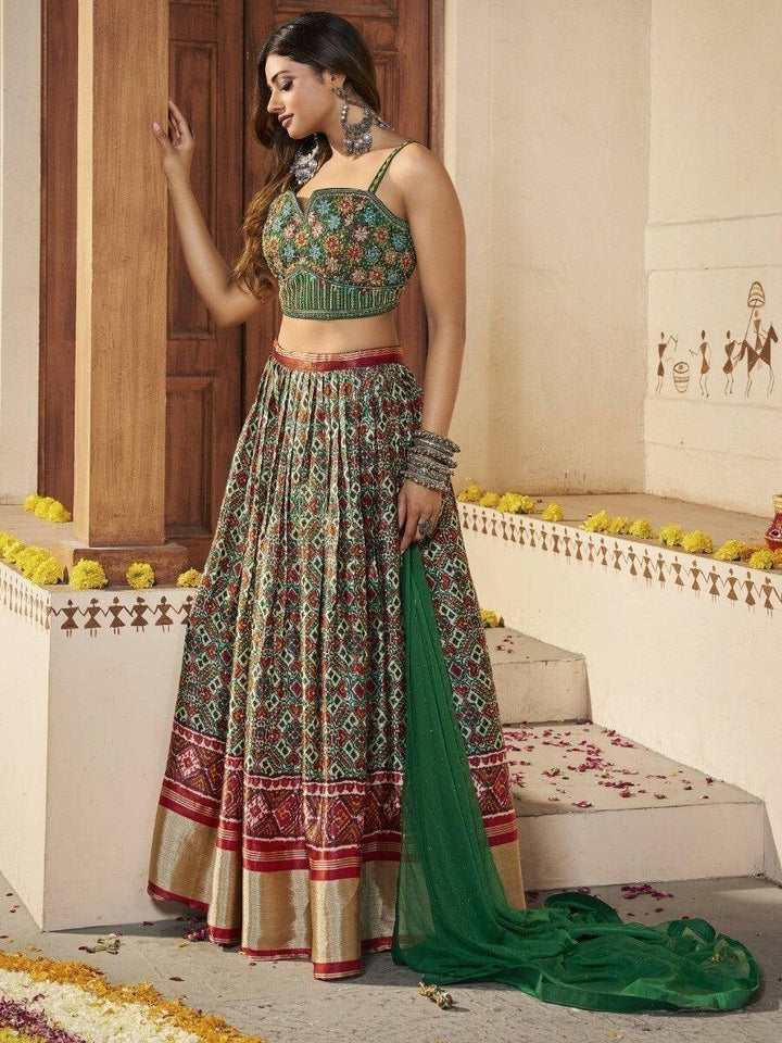 Green Patola Silk Lehenga | Embroidered Choli for Weddings & Receptions