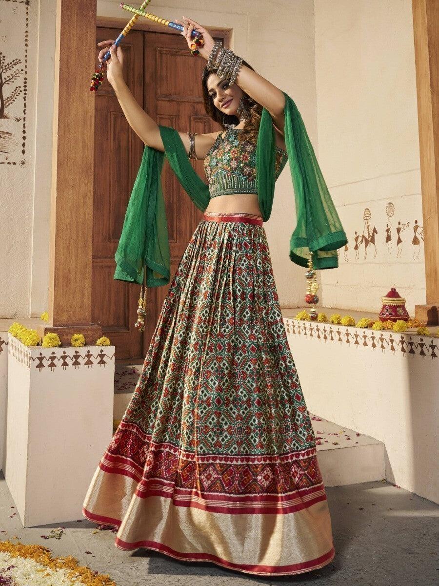 Green Patola Silk Lehenga | Embroidered Choli for Weddings & Receptions