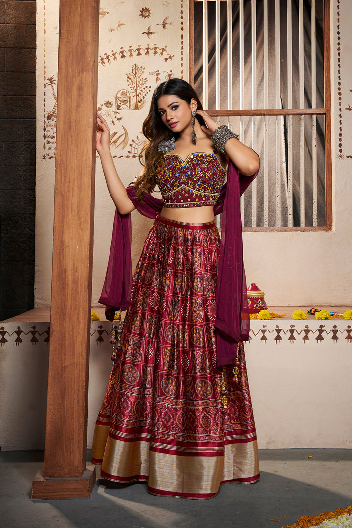 Wine Silk Semi-Stitched Lehenga | Printed Design with Dupatta