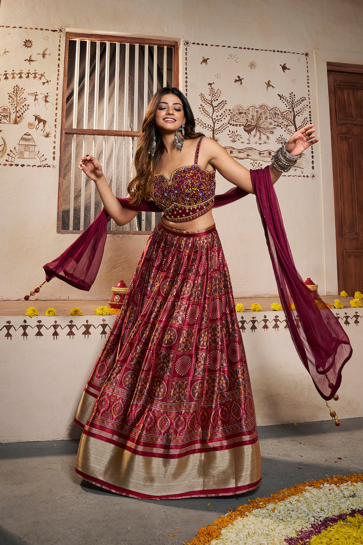 Wine Silk Semi-Stitched Lehenga | Printed Design with Dupatta