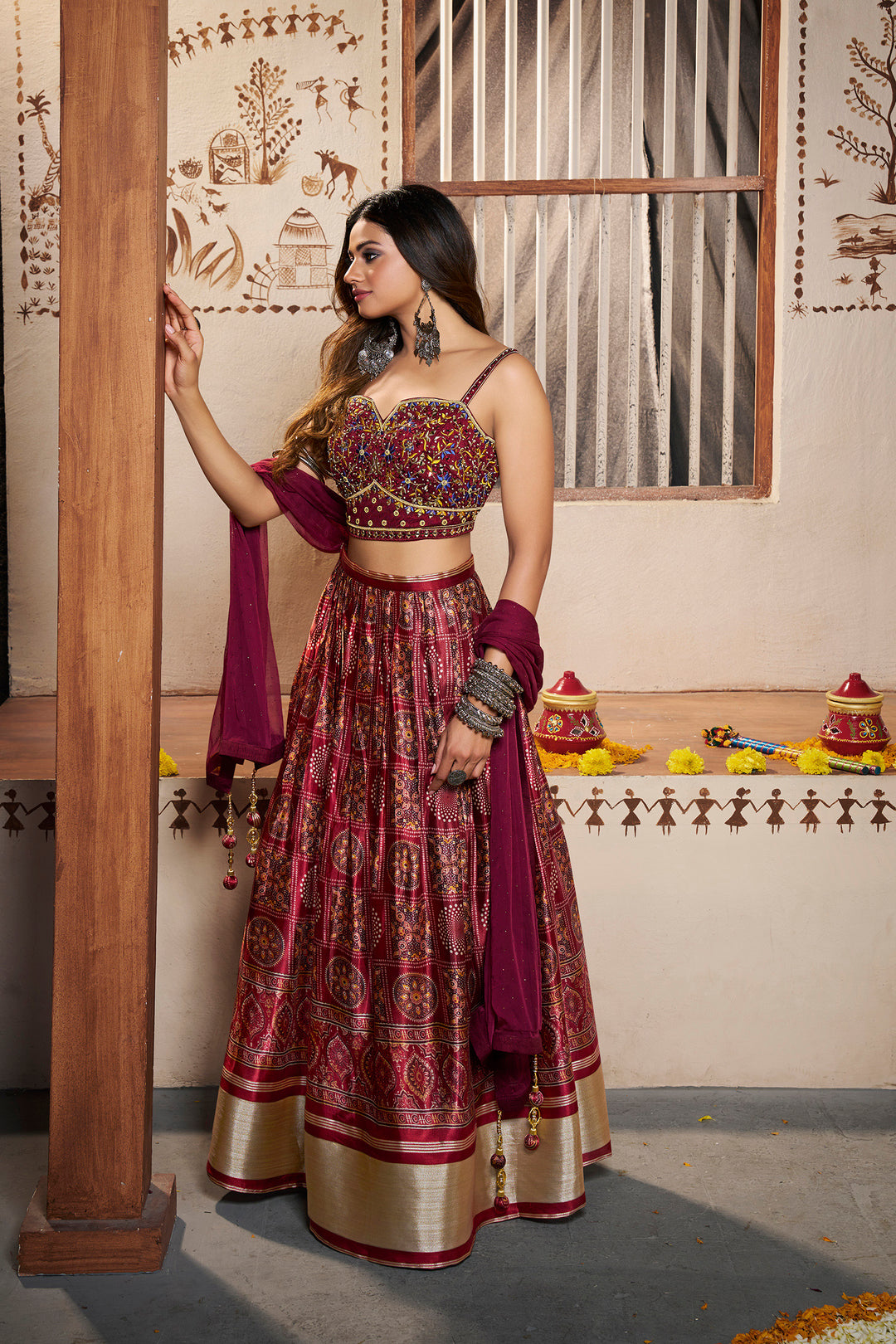 Wine Silk Semi-Stitched Lehenga | Printed Design with Dupatta