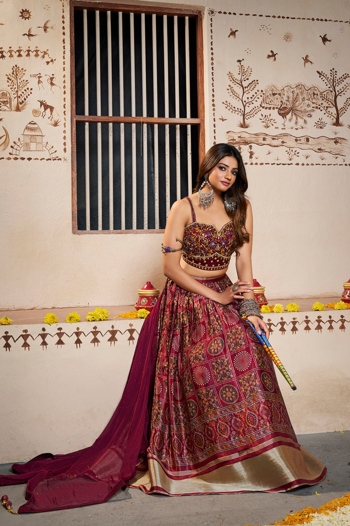 Wine Silk Semi-Stitched Lehenga | Printed Design with Dupatta