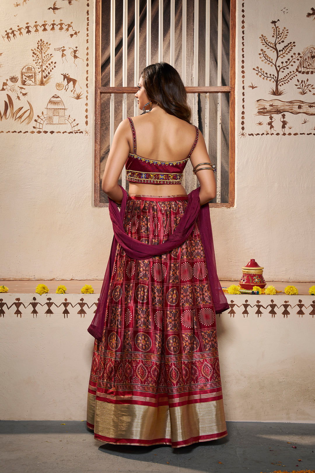 Wine Silk Semi-Stitched Lehenga | Printed Design with Dupatta