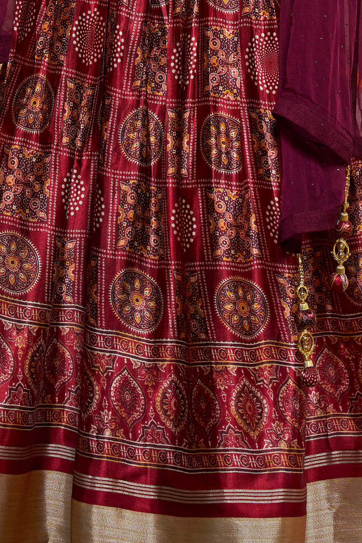 Wine Silk Semi-Stitched Lehenga | Printed Design with Dupatta