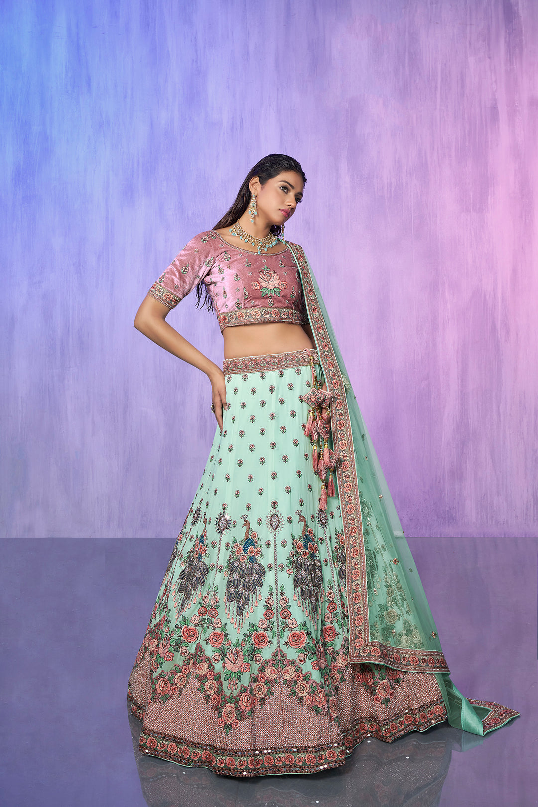 Velvet Embroidered Bridal Reception Lehenga Choli | Heavy Border Lehenga