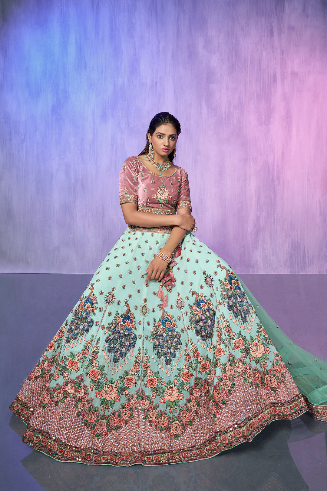 Velvet Embroidered Bridal Reception Lehenga Choli | Heavy Border Lehenga