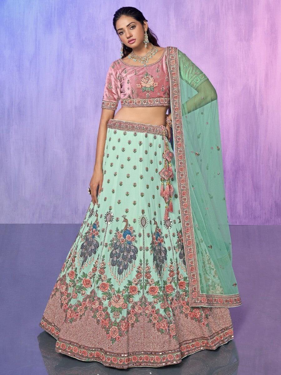 Aqua Green Georgette Lehenga Choli | Embroidered & Mirror Work Set