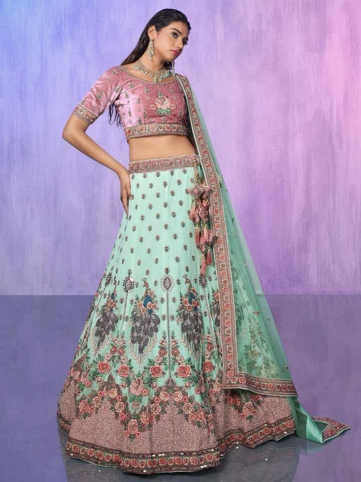 Aqua Green Georgette Lehenga Choli | Embroidered & Mirror Work Set