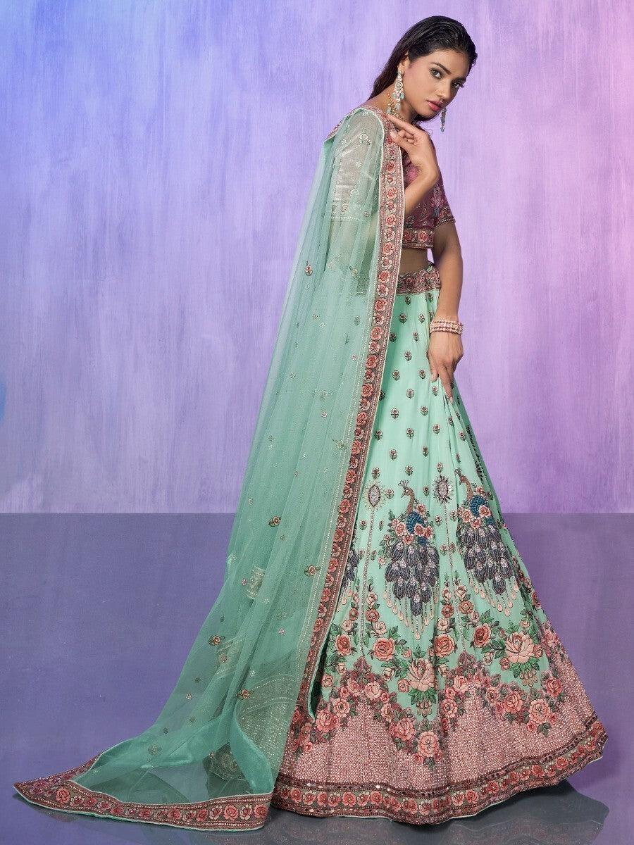 Aqua Green Georgette Lehenga Choli | Embroidered & Mirror Work Set