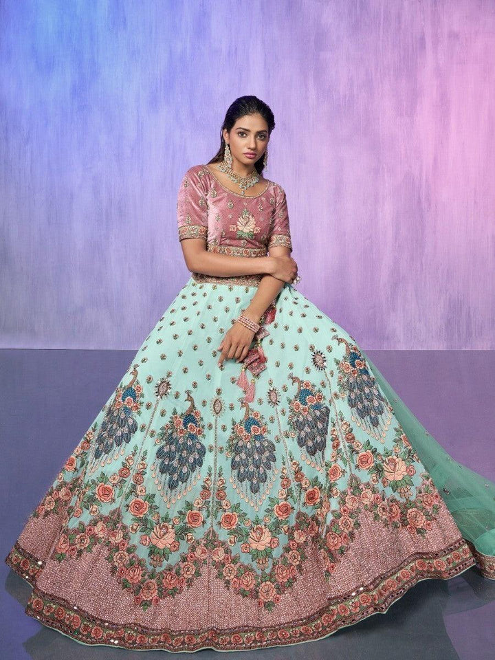 Aqua Green Georgette Lehenga Choli | Embroidered & Mirror Work Set