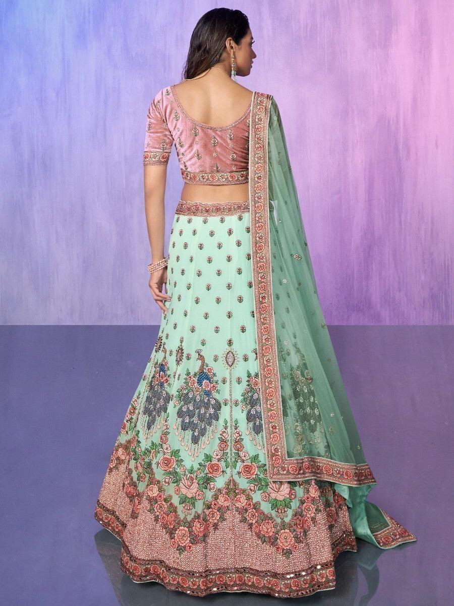 Aqua Green Georgette Lehenga Choli | Embroidered & Mirror Work Set