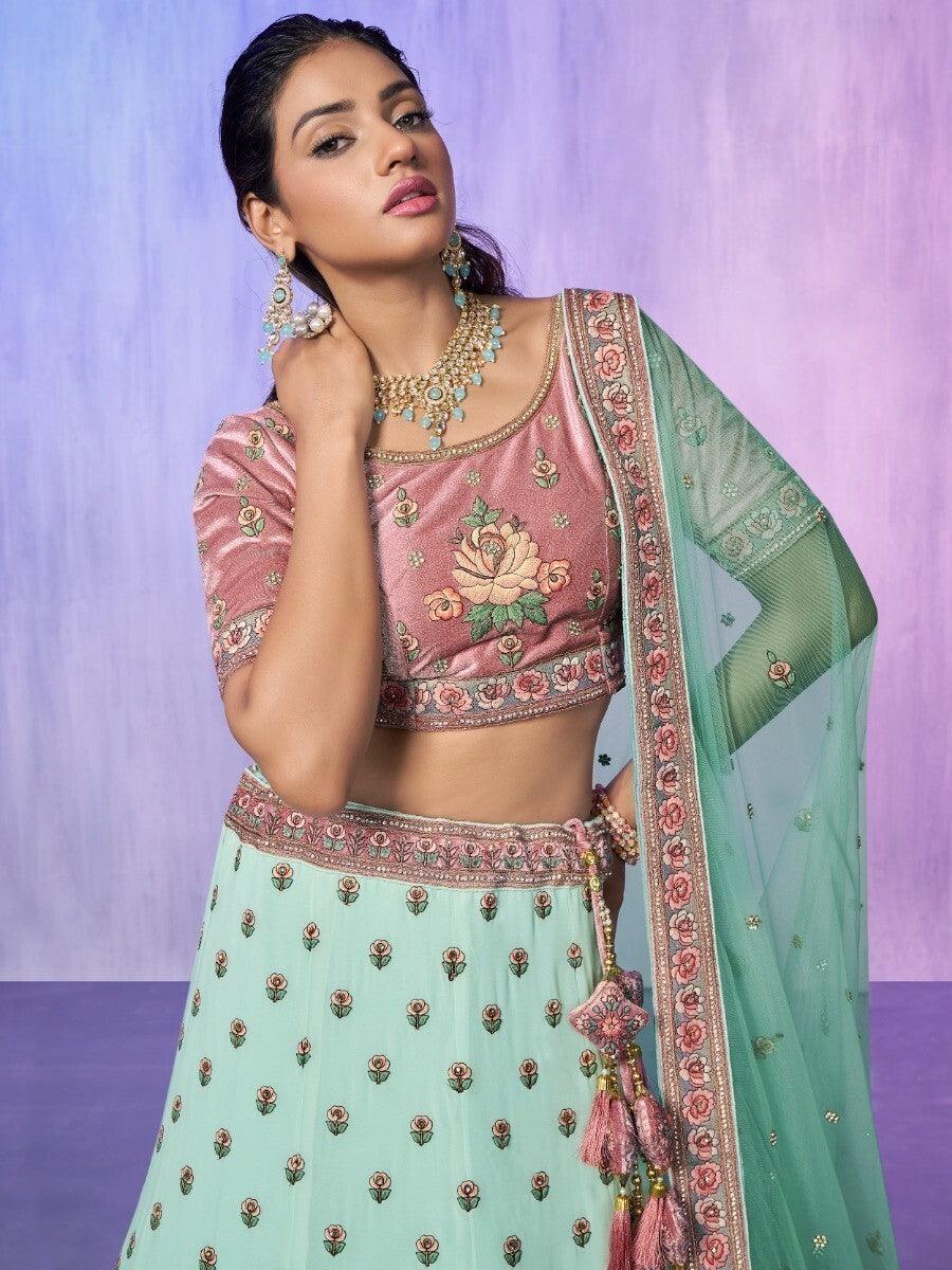 Aqua Green Georgette Lehenga Choli | Embroidered & Mirror Work Set