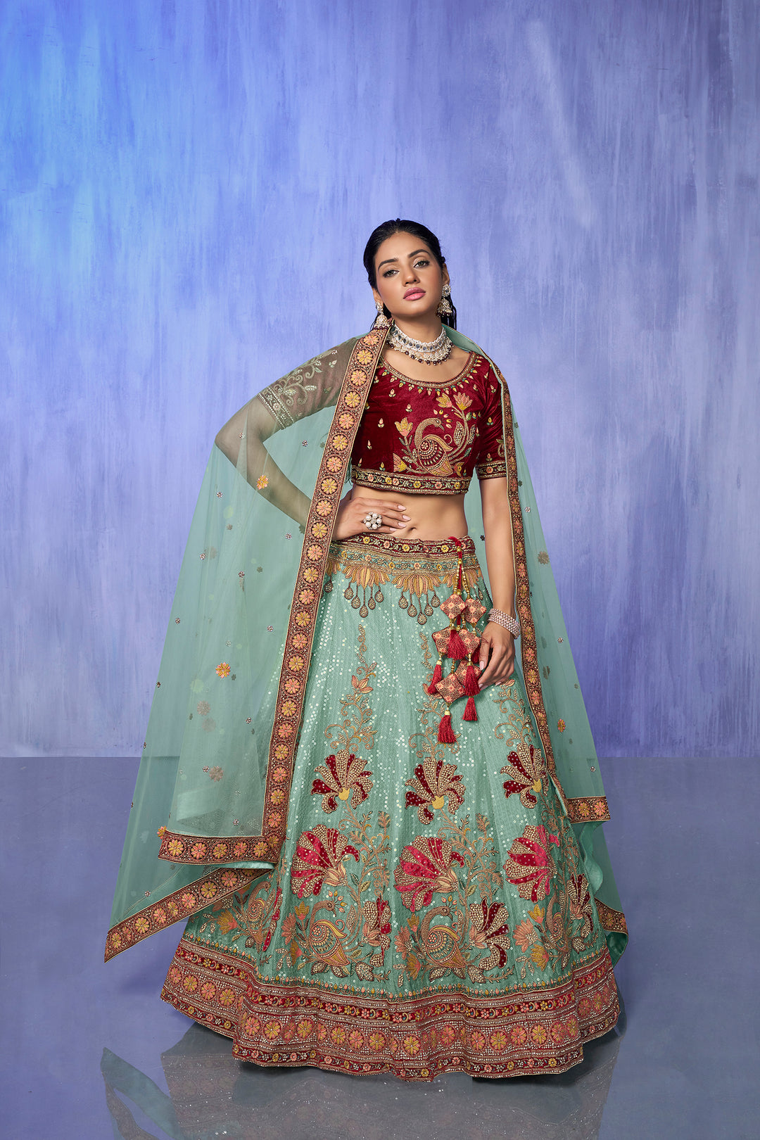 Velvet Lehenga Choli Set | Embroidered Party Wear Lehenga for Wedding