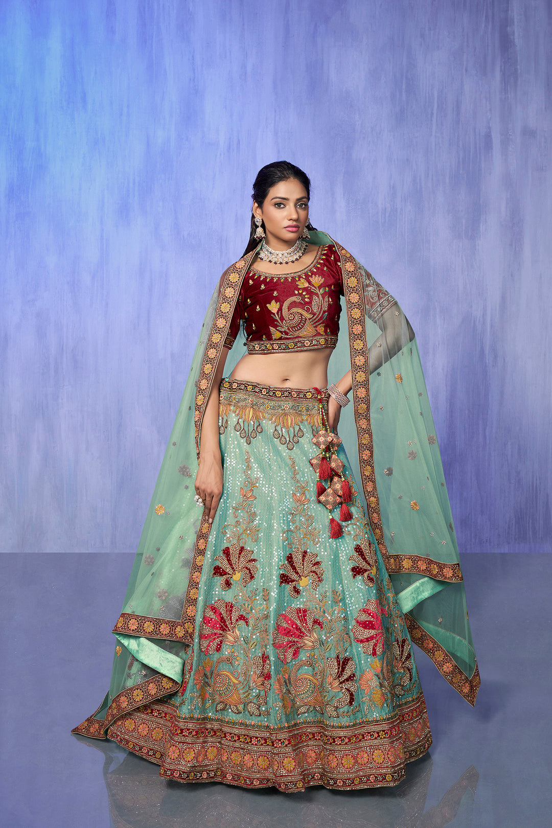 Velvet Lehenga Choli Set | Embroidered Party Wear Lehenga for Wedding