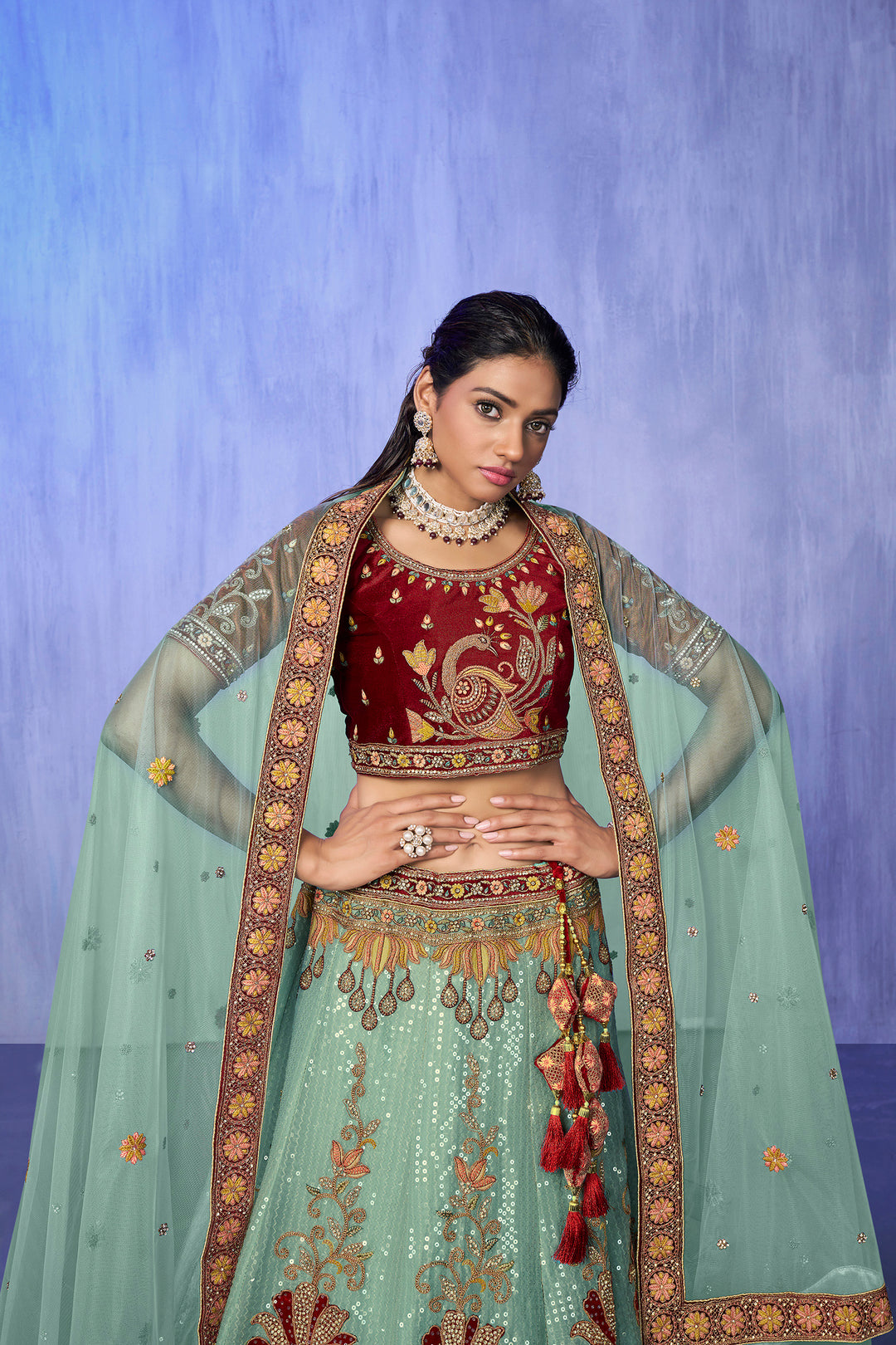 Velvet Lehenga Choli Set | Embroidered Party Wear Lehenga for Wedding